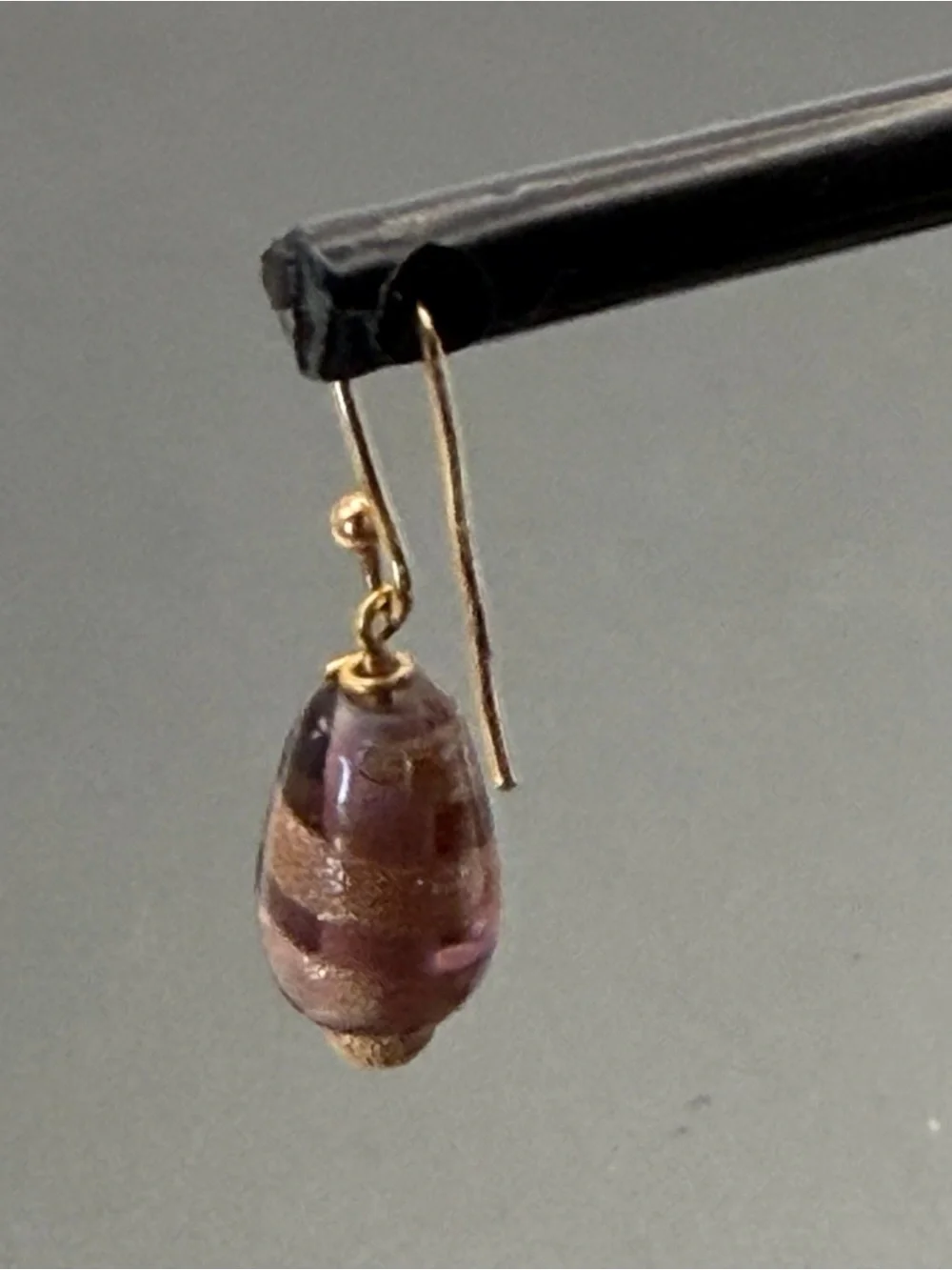 Venetian Gold and Amethyst Swirl Teardrop Glass Earrings Vintage